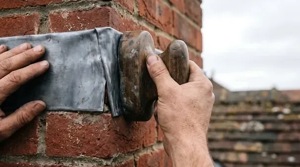 Flashing being sealed against chimney brick where it meets the roof