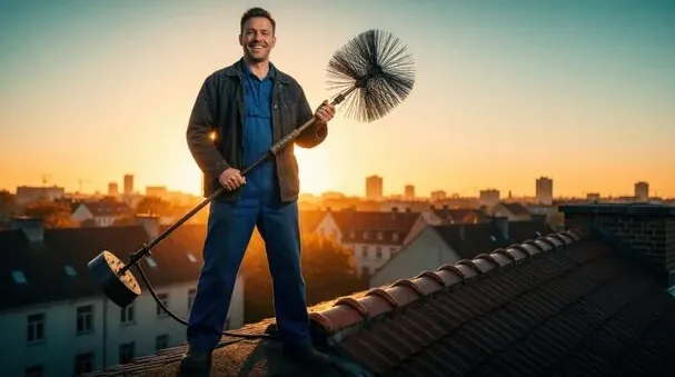 Chimney technician on a rooftop in the evening with his brush