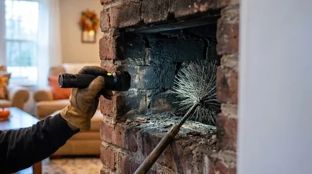 Technician inspecting a fireplace firebox with a flashlight before a home sale