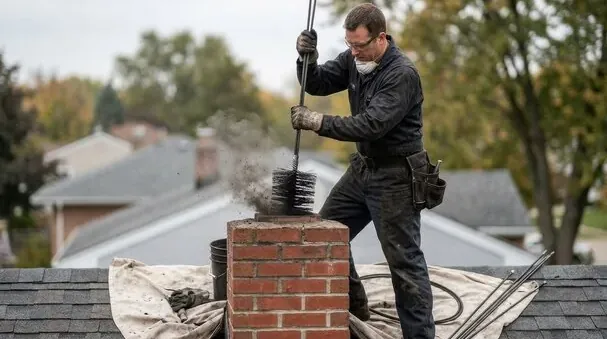 Chimney being brushed from the roof with soot rising