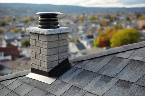 Stone veneer chimney with a black cap and metal flashing on a shingle roof